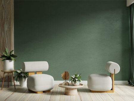 Living room with gray armchair on empty dark green wall background.3d renderingの写真素材