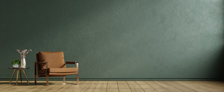 Living room with leather armchair on empty dark green wall background.3d renderingの写真素材