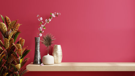 Viva magenta wall panelling with wooden shelf in kitchen room.3d renderingの写真素材