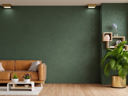 Living room with leather sofa and accessories on empty dark green wall background.3d renderingの写真素材
