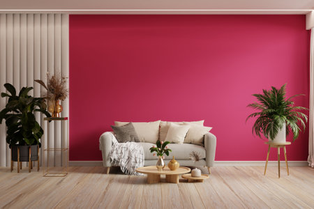 Viva magenta color wall background mockup with sofa furniture and decor.3d renderingの写真素材