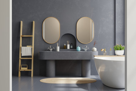 Modern Bathroom interior design on dark blue wall.3d rendering