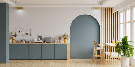 Modern style kitchen interior design with dark blue wall,dining room interior design.3d rendering