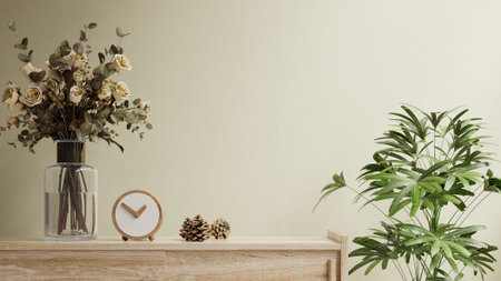 Interior wall mock up with flower vase,cream color wall and wooden cabinet.3d rendering