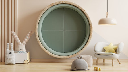Mock up wall in the children's room in cream color wall background.3d rendering