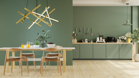 Modern dark green kitchen and minimalist interior design.3d renderingの写真素材