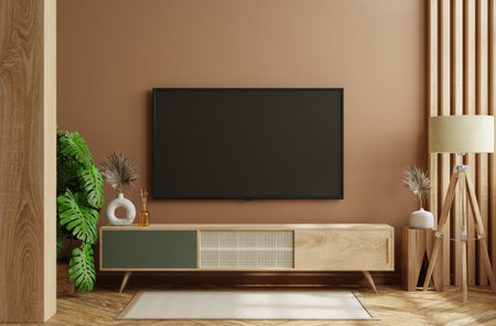LED TV on the wood cabinet in living room,minimal design.3d renderingの写真素材