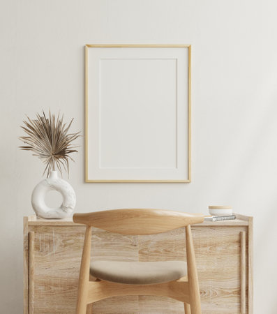Mockup frame on cabinet in living room interior on empty white wall background.3d renderingの写真素材
