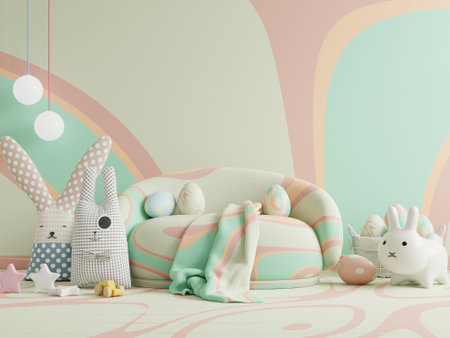 Mock up pastel light stucco wall in children room,minimal sofa,Easter day.3d renderingの写真素材