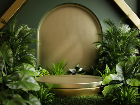 Gold podium in tropical forest for product presentation.3d renderingの写真素材