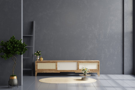Cabinet in living room interior wall mockup on dark blue wall.3d renderingの写真素材