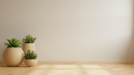 Wall mockup with plant set on wooden flooring.3d renderingの写真素材