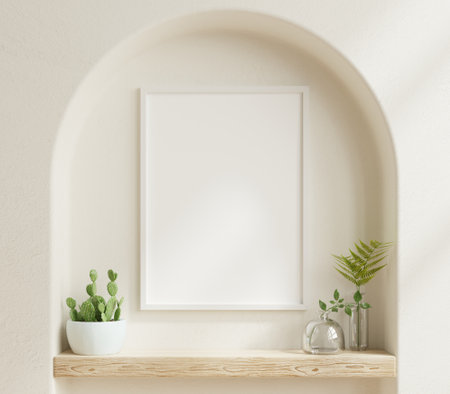 Poster frame mockup with vertical white frame in home interior background.3d renderingの写真素材
