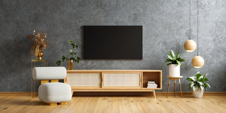 TV and wooden cabinet with gray armchair in modern living room the concrete wall.3d renderingの写真素材