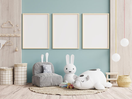 Kid room wallpaper,Mockup posters in child room interior.3d renderingの写真素材
