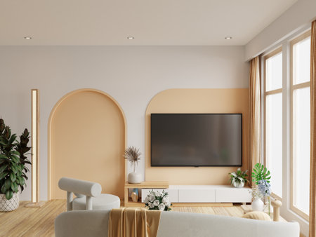 Living room with tv on cabinet in two tone color wall,minimalist muji style.3d renderingの写真素材