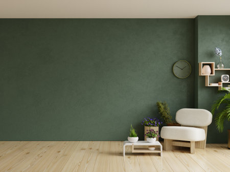 Style loft interior with gray armchair on empty dark green wall background.3d renderingの写真素材