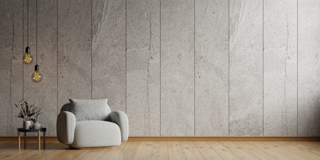 Living room interior room concrete wall in warm tones,gray armchair on wooden flooring.3d renderingの写真素材