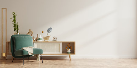 White color wall mock up in warm tones with green armchair and decoration minimal.3d renderingの写真素材