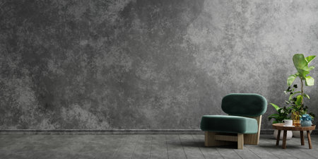 Style loft interior with dark green armchair on dark cement wall.3d renderingの写真素材