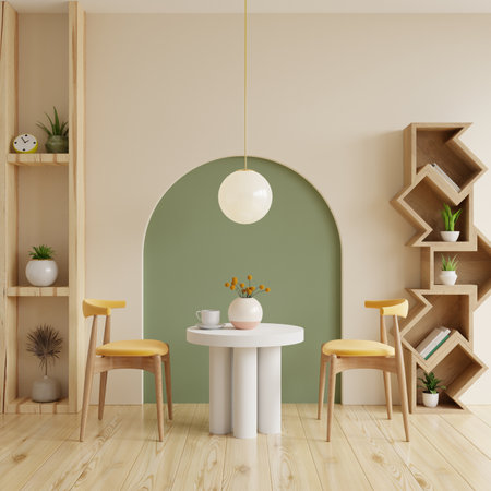 Dining room in a coffee shop with green empty wall.3d renderingの写真素材