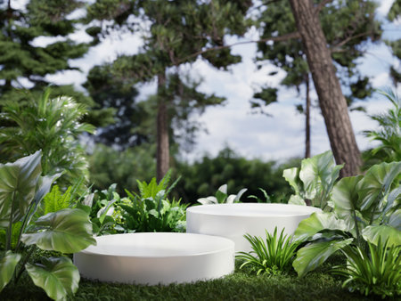 Two white podium in field of grass for product presentation behind is a view of the forest.3d renderingの写真素材
