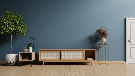 Dark blue wall for tv in living room,Modern living room decor with a tv cabinet.3d renderingの写真素材