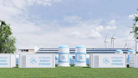 Concept of an energy storage system based on electrolysis of hydrogen for clean electricity solar and wind turbine facility. 3d renderingの写真素材