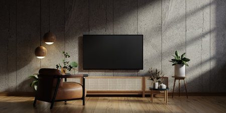 Living room interior in loft have cabinet for tv and leather armchair in cement room with concrete wall.3d renderingの写真素材