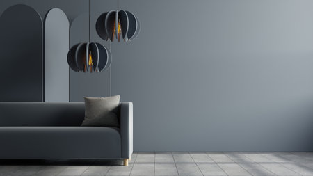 Mockup living room interior with blue sofa on empty dark blue wall background.3d renderingの写真素材