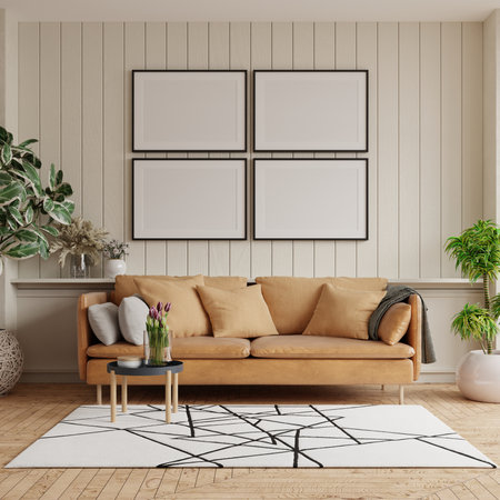 Mockup poster frame on the wooden wall with leather sofa and decorating.3d renderingの写真素材