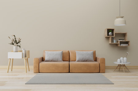 Luxurious apartment background wall mockup with leather sofa and decor on cream color background.3d renderingの写真素材