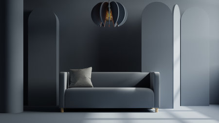 Mockup living room interior with blue sofa on empty dark blue wall background.3d renderingの写真素材