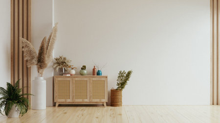 Cabinet mockup in warm tones have white wall is front the living room.3d rendering