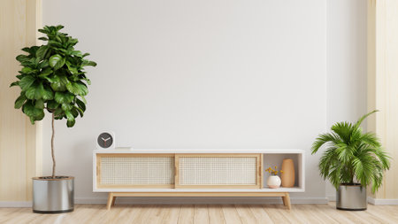 Mockup white wall background,Modern living room decor with a tv cabinet.3d renderingの写真素材