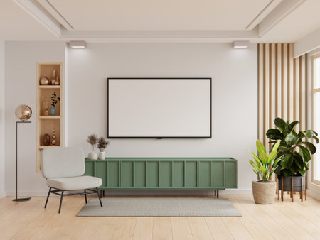 TV on green cabinet have white plaster wall in living room with armchair,minimal design.3d renderingの写真素材