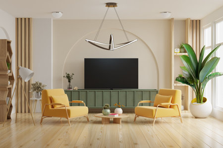 Mockup a TV on green cabinet with yellow armchair in living room with a white wall.3d renderingの写真素材