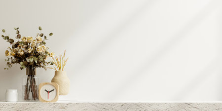 Wall mockup with decoration accessories,White wall and cement shelf.3d renderingの写真素材
