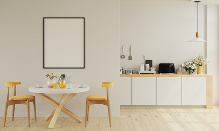 Mockup frame in cozy boho dining room interior,kitchen interior.3d renderingの写真素材