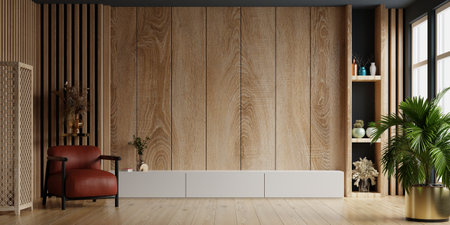 TV and cabinet in modern living room with leather armchair on wooden wall background.3d renderingの写真素材