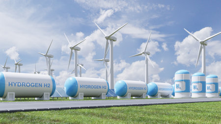 Hydrogen energy storage gas tank for clean electricity solar and wind turbine facility.3d renderingの写真素材