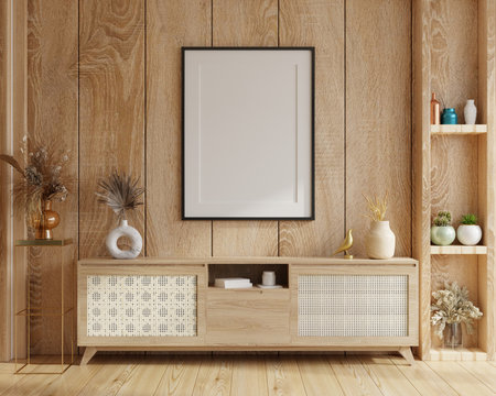 Mock up poster frame in scandinavian interior of living room.3d renderingの写真素材