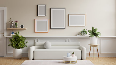 Mockup frames of various sizes on the wall of living room.3d renderingの写真素材