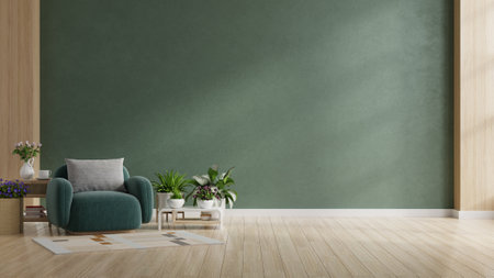 Living room interior with green armchair and decoration room on empty dark green wall background.3d renderingの写真素材
