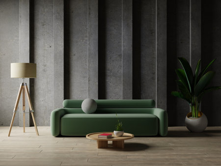 Modern living room interior with green sofa and decoration room on empty concrete wall background.3d renderingの写真素材