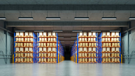 Empty warehouse in logistic center,Warehouse for storage and distribution centers.3d renderingの写真素材