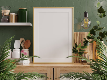 kitchen room ambience with a captivating mockup photo frame, elegantly mounted on a green wall.3d renderingの写真素材