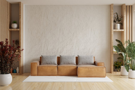 Living room wall mockup with leather sofa and decor on white plaster wall background.3d renderingの写真素材