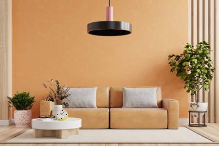 Bright and cozy modern living room wall mockup with leather sofa and decor on white background.3d renderingの写真素材