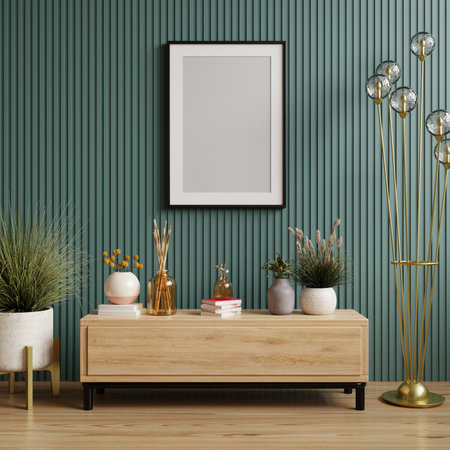 Mockup photo frame wooden slat green wall mounted on the wooden cabinet.3d renderingの写真素材